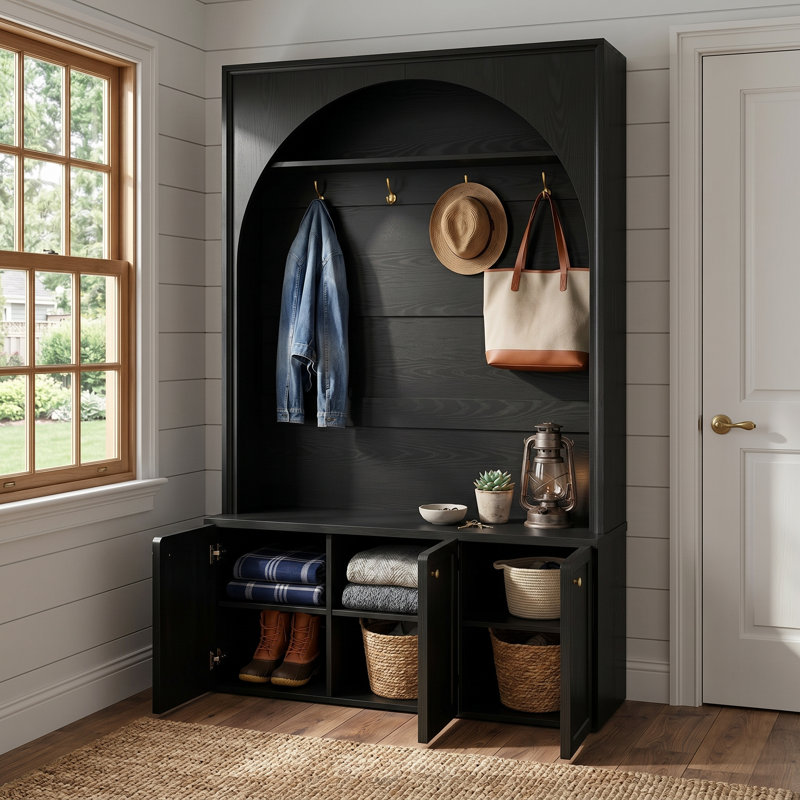 Arched Hall Tree With Storage Bench And 3-Door Shoe Cabinet, Anti-Tip Kit Included, Adjustable Shelves, Black