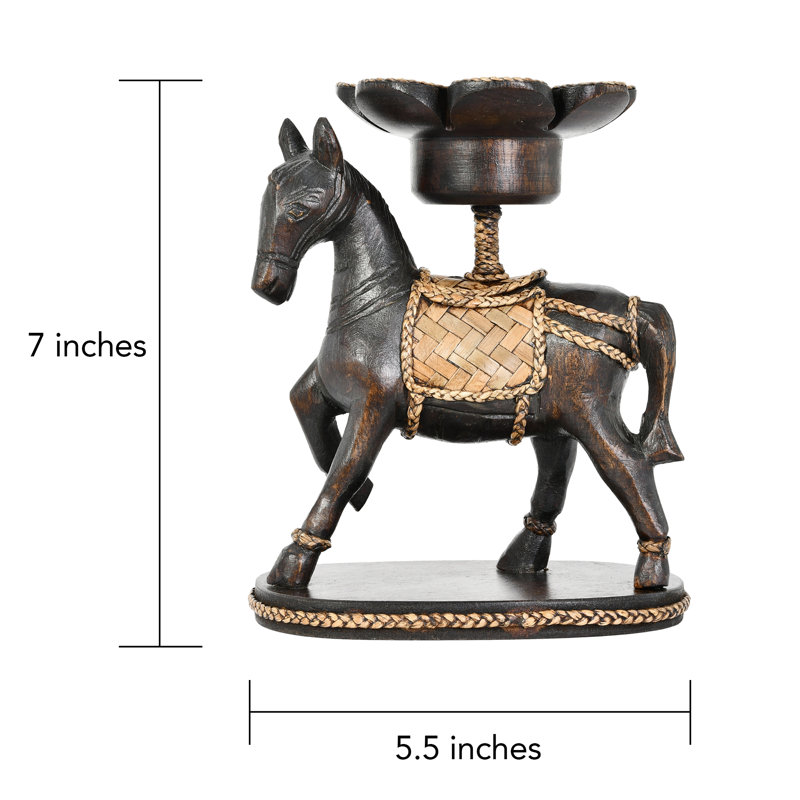 Porte-bougie en bois sculpté majestueux avec cheval cabré et lotus