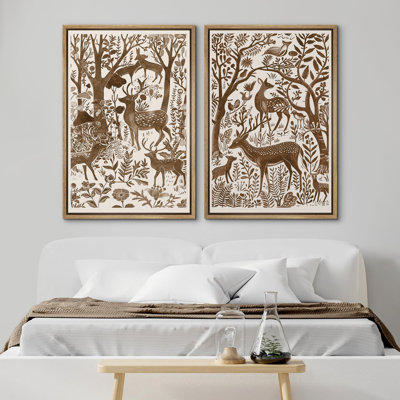 Watercolor Brown Deer In the Forest Animal Botanical Rustic Wall Art Framed 2 Pieces Canvas Print