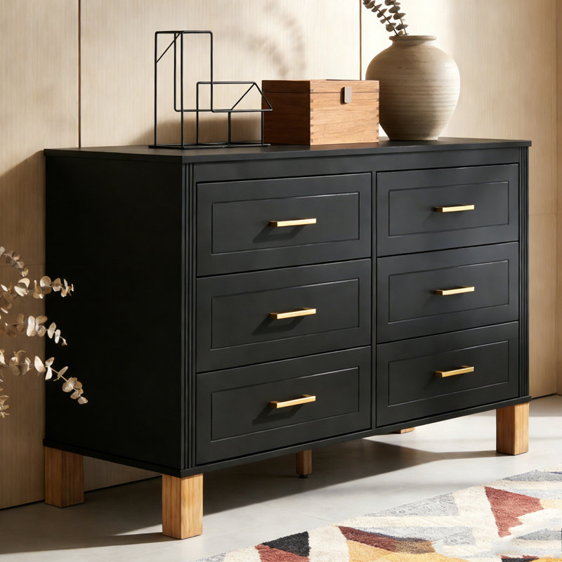 Modern Storage Cabinet with Metal Handles & Solid Wood Legs, Black