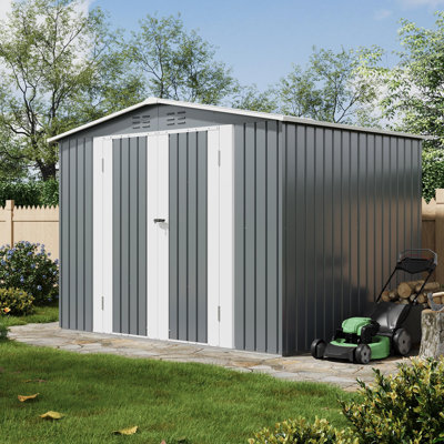 Remise de rangement extérieure en métal galvanisé 8 x 6 pi avec portes doubles verrouillables, évents supérieurs, toit incliné pour équipement de jardin