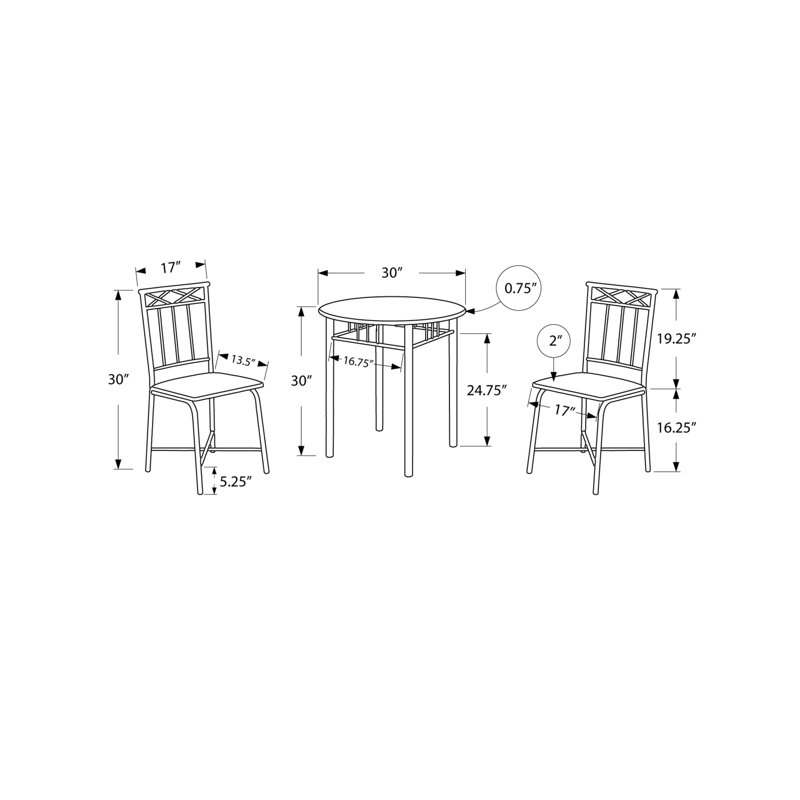 Ensemble table et chaises bistro 3 pièces Richard, plateau rond gris, métal noir
