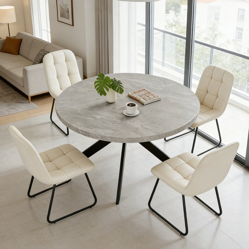 Joevan 46'' Round Dining Table Set with 32.8"H 4 Chairs, Modern Round Kitchen Table and Chairs Set, Space-Saving Solid Frame Dining Room Furniture, Easy Assembly for Home Kitchen Apartment