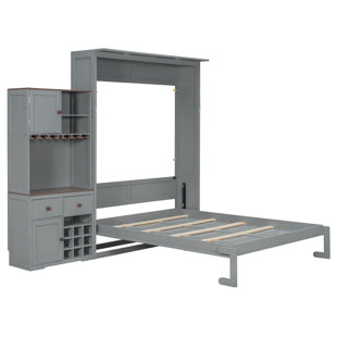 Queen Size Murphy Bed with Storage Cabinet, Wine Rack, Glass Holder, Drawers & Multi-Color LED Strip