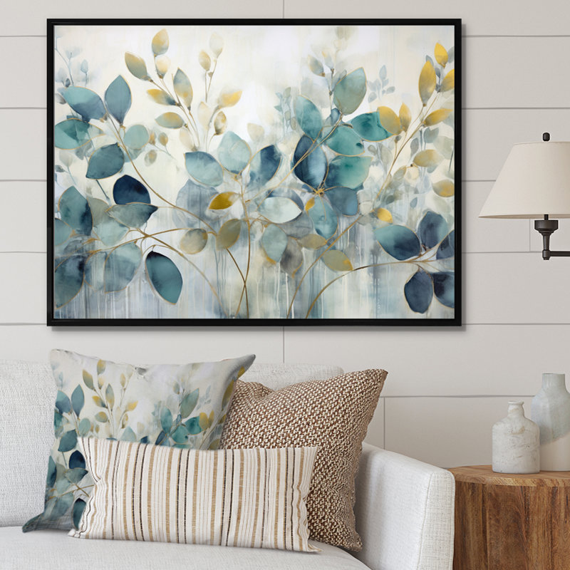 «Blue Botanical Rhythms II - Abstract Botanicals», art mural sur toile, Reproduction avec cadre flottant, H 16 po x l 32 po