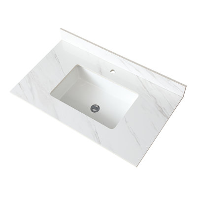 37 Inch Bathroom Sintered Stone Vanity Cabinet Top With 4" Backsplash And Rectangular Washbasin Counter, White Sink Basin
