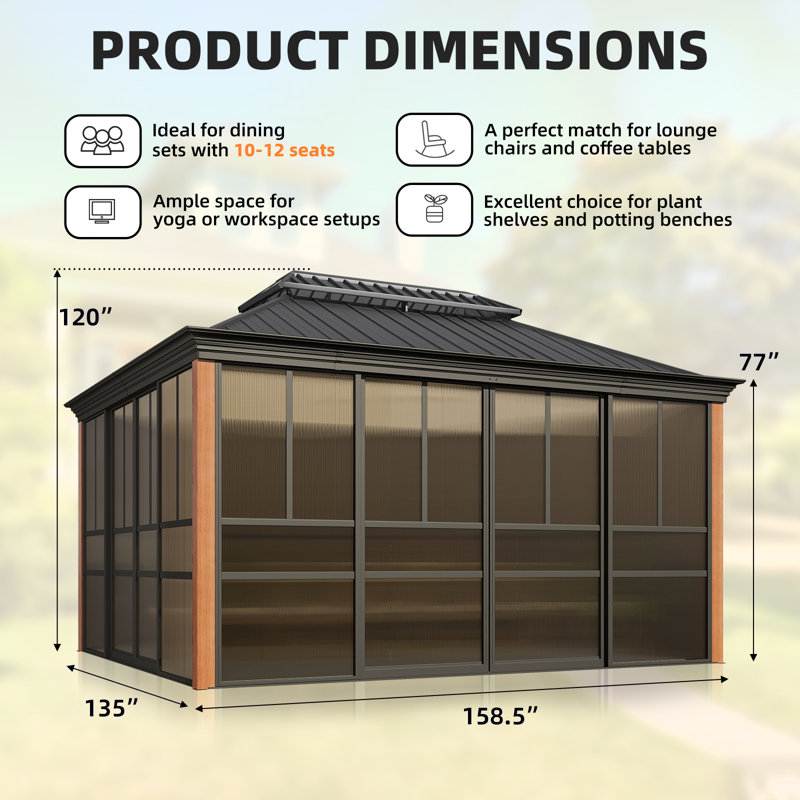 12' X 14' Sunroom, Gazebo With Slide Doors & Mesh, Wood Grain Appearance Solarium For Backyard Patio, 168" W x 144" D
