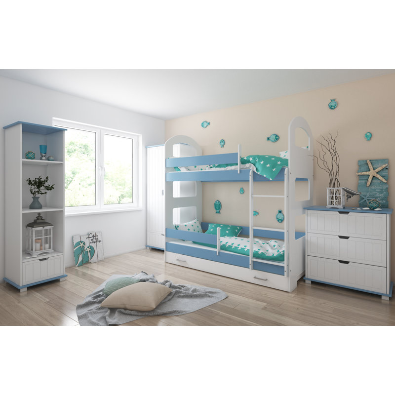 Peterkin Bunk Bed with Built-in Ladder Included, With Drawer, Blue, 80 x 160 cm