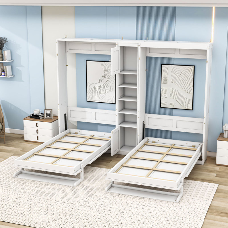 Deux lits simples escamotables avec armoires et tablettes, Blanc