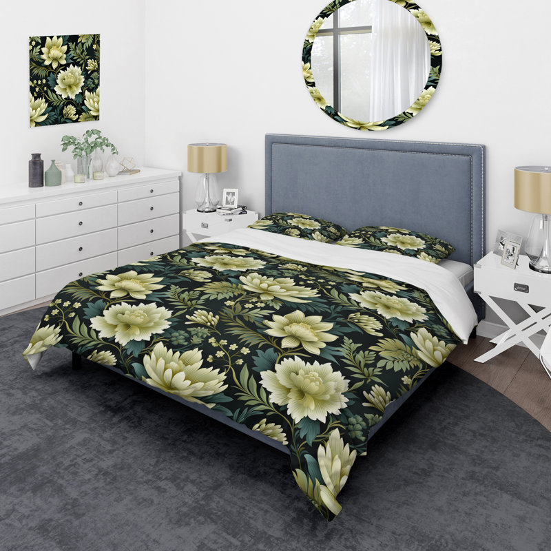 Ensemble de housse de couette damas vert Dahlia Retreat, Housse de couette pour grand lit et 2 taies décor