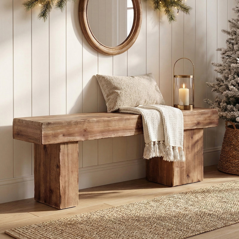 47" Solid Wood Bench, Rustic Farmhouse Heavy Duty Entryway Bench, Dining Bench for Living Room, Hallway, End of Bed, Brown