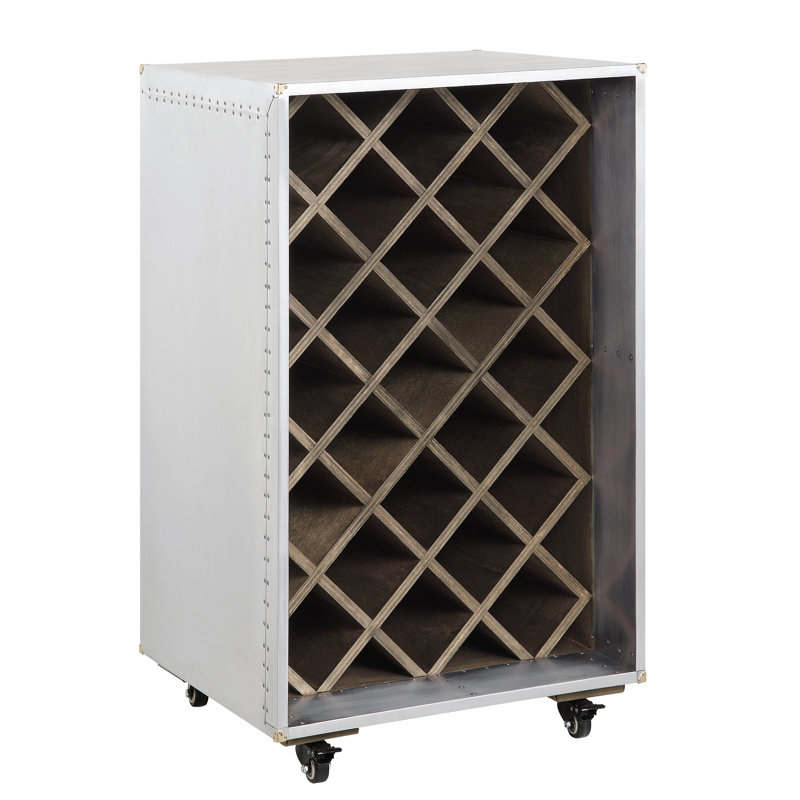 Cave à vin argentée à structure en aluminium patchwork avec 4 roulettes, capacité de rangement de 23 bouteilles, revêtement en bois synthétique, profondeur de 47,6 cm, largeur de 53,2 cm, hauteur de 89,2 cm, couleur principale, profonde et large.