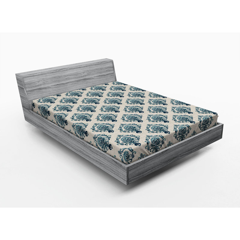 Microfiber Fitted Sheet, Full Fitted Sheet, Petrol Blue Damask