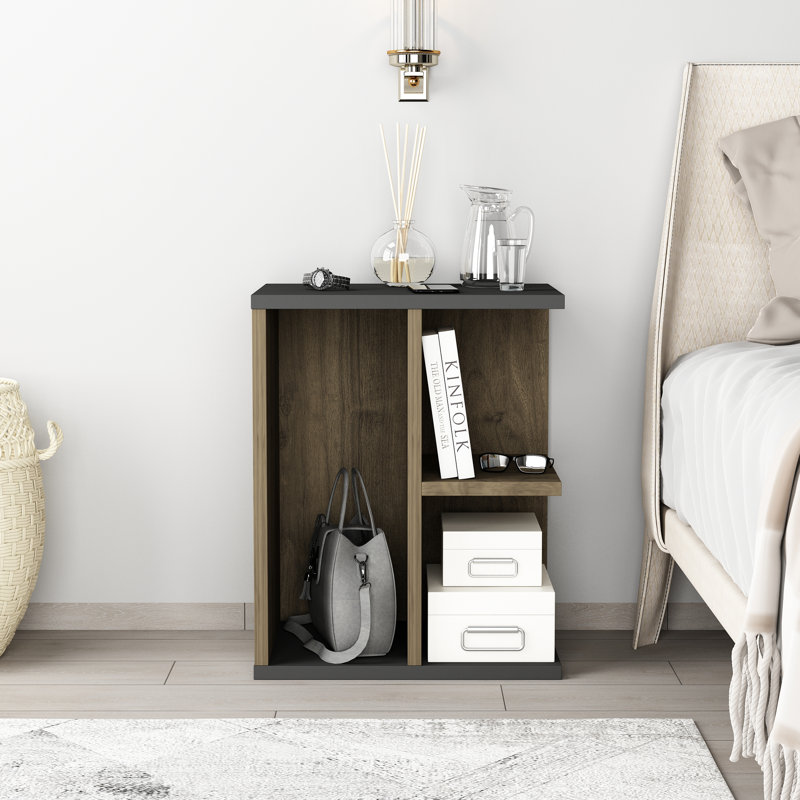 Rakeia 40cm W Particle Board Bedside Table, Anthracite/Walnut