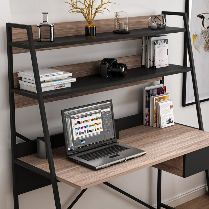 Modern Study Desk with Shelves, Walnut & Black Finish, 48.8 x 59.1 x 21.7 inches | 100% Melamine Coated Particle Board, Thickness: 0.7 inches | Stylish Industrial Design for Home Office & Study Spaces, Durable & Functional