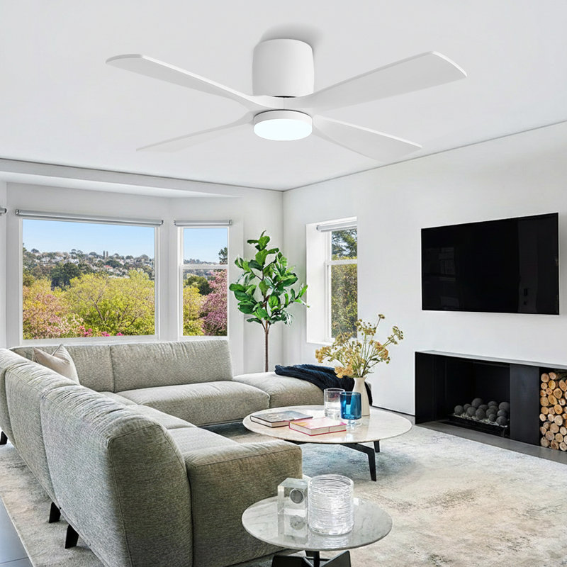 48 po Ventilateur de plafond à 4 pales avec fixation encastrée et télécommande intégrée, Blanc, Blanc