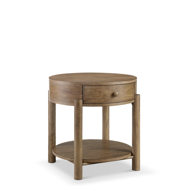 Round Brown Solid Oak Wood End Table with Storage