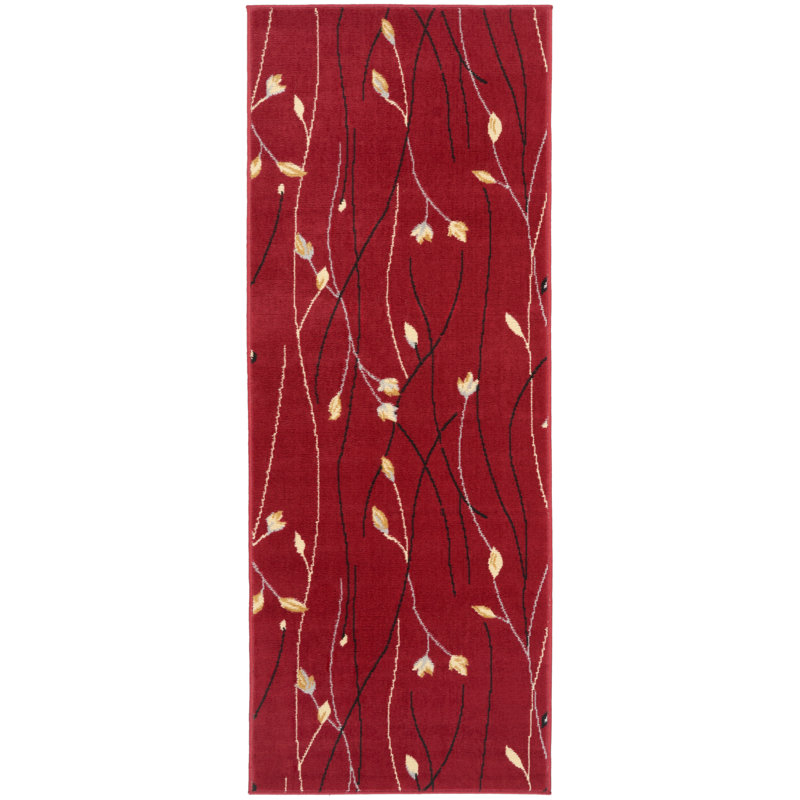 Tapis rouge à motif floral Aratrika, Tapis de couloir 2 pi 3 po x 7 pi 6 po