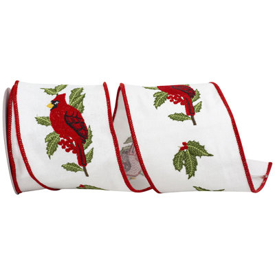 4"X5Yd White/Red Cardinal Embroidery Linen Deluxe Wired Edge Ribbon