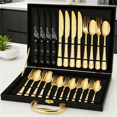 Ensemble de couverts 24 pièces en acier inoxydable pour 4 personnes avec couteaux à steak, ensemble de couverts luxueux gravés au laser dans une boîte cadeau, ensemble de couverts poli miroir lavable au lave-vaisselle