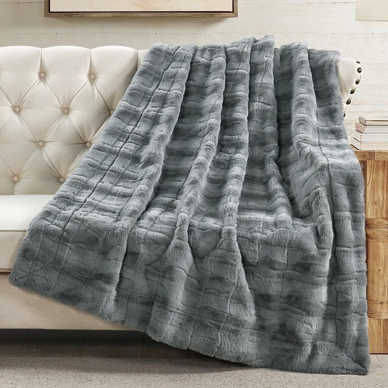 Jeté élégant en fausse fourrure, Gris, L 60 po x L 70 po