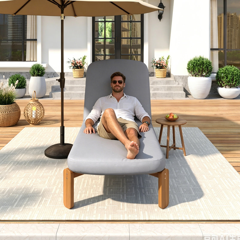 Outdoor Chaise Lounge Chair, Adjustable Patio Reclining Chair With 3-position Backrest, Solid Wood Pool Lounge Chairs With Cushions For Patio, Poolside Or Beach