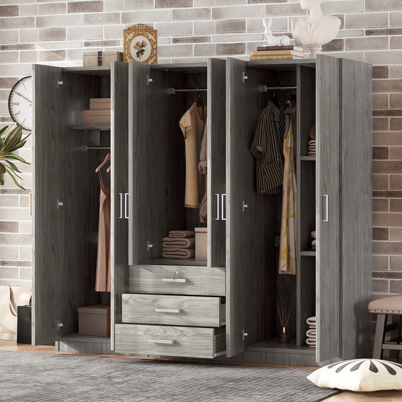 Rangement pour garde-robe en bois à 6 portes avec 6 grands tiroirs, Gris