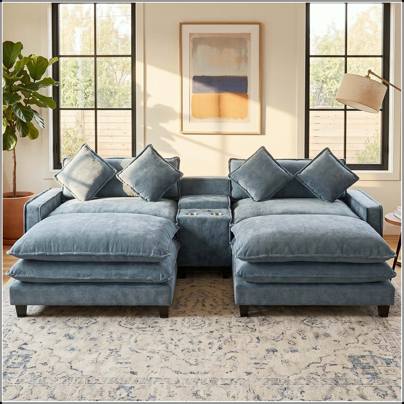 Canapé modulaire de 111 po avec rangement, ports USB, porte-gobelets et repose-pieds amovible, Bleu clair
