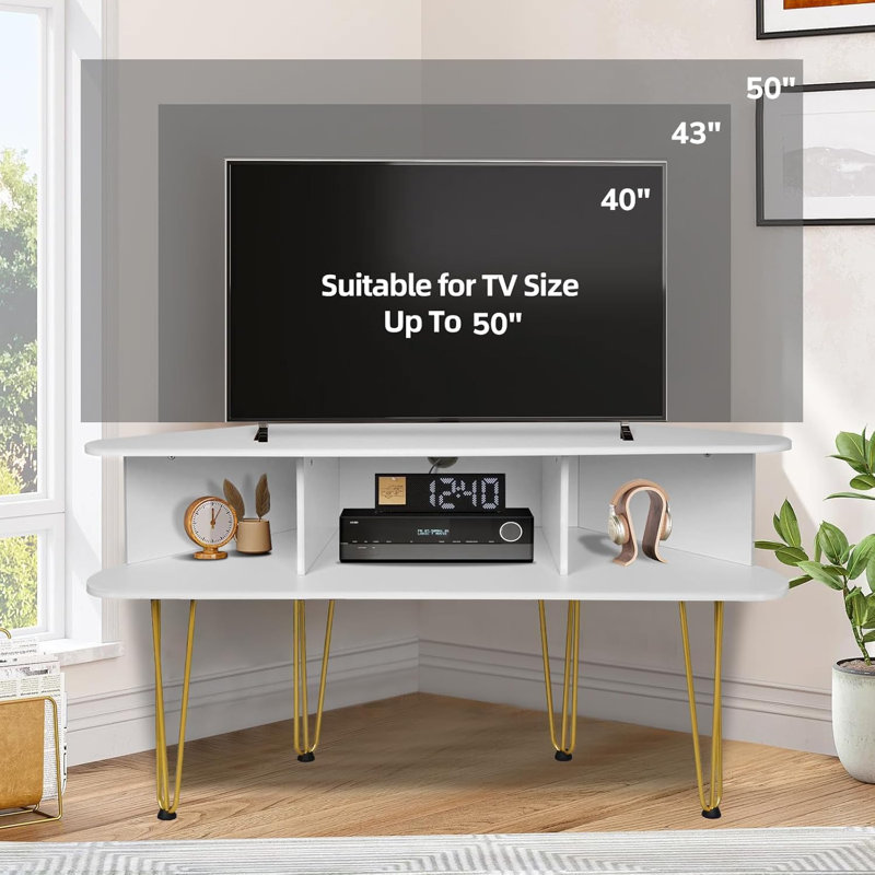 Meuble télé d'angle pour téléviseur de 50 po, Doré / Blanc