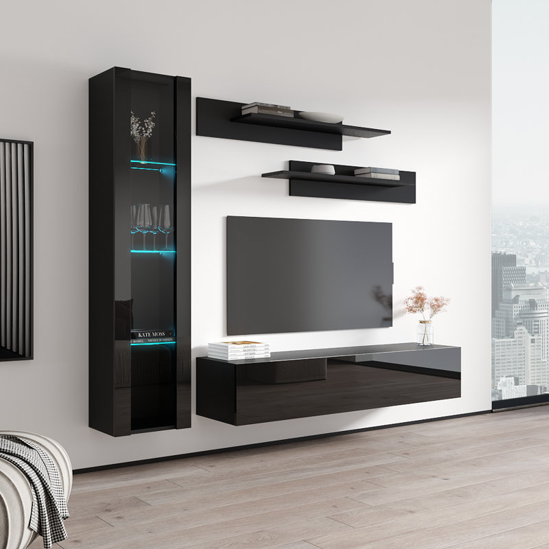 Wabasso 85" Modern Floating Wall Mounted Entertainment Center with 16-Color LED Lighting, High Gloss Finish, Black