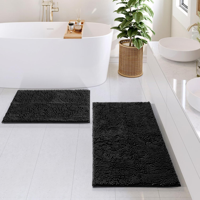 Yasmen Super Soft Absorbent Chenille Bath Rug Set with Non-Slip Backing, Black