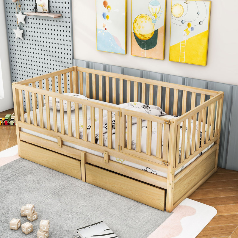 Storage Wooden Floor Bed with Guardrails and 2 Drawers, Twin, Natural