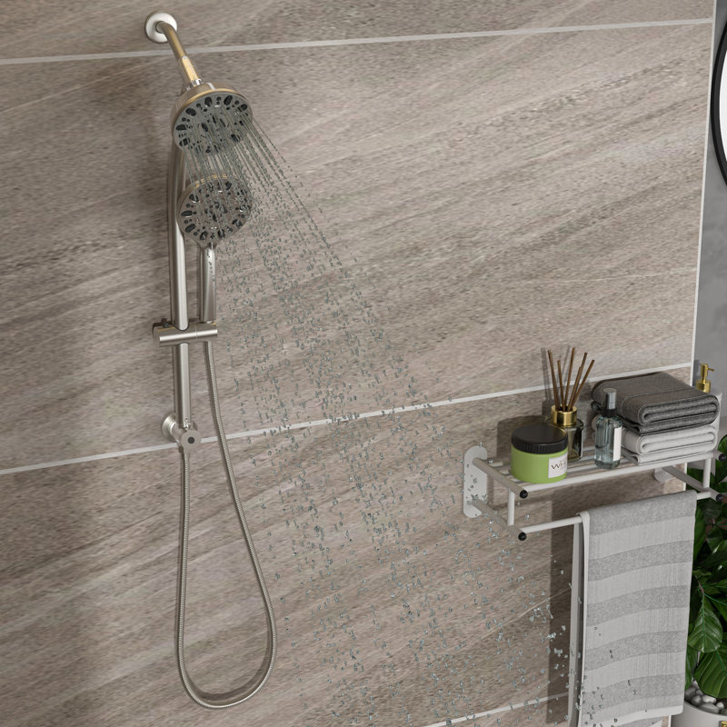 Brushed Nickel Shower System: 4.7" Rain Showerhead, 7 Hand Shower, Adjustable Bar & Arm Multi With Showerhead Slide