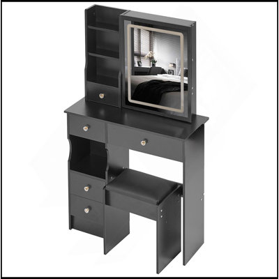 29.2" Small Size Left Drawer Desktop Vanity Table + Cushioned Stool, Large Sliding, Touch Control, Tri-Colour Switching, Brightness Adjust LED Mirror, High Capacity Storage, Suitable For Small Space