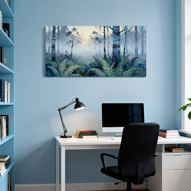 «Plants & Flowers Misty Forest Birch Trees Ferns Landscape», reproduction d'art, H 28 po x l 58 po