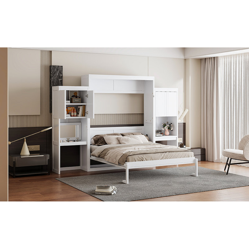 Grand lit blanc avec bureau, meuble-lavabo et rangement, de haute qualité pour une chambre à coucher de qualité moderne