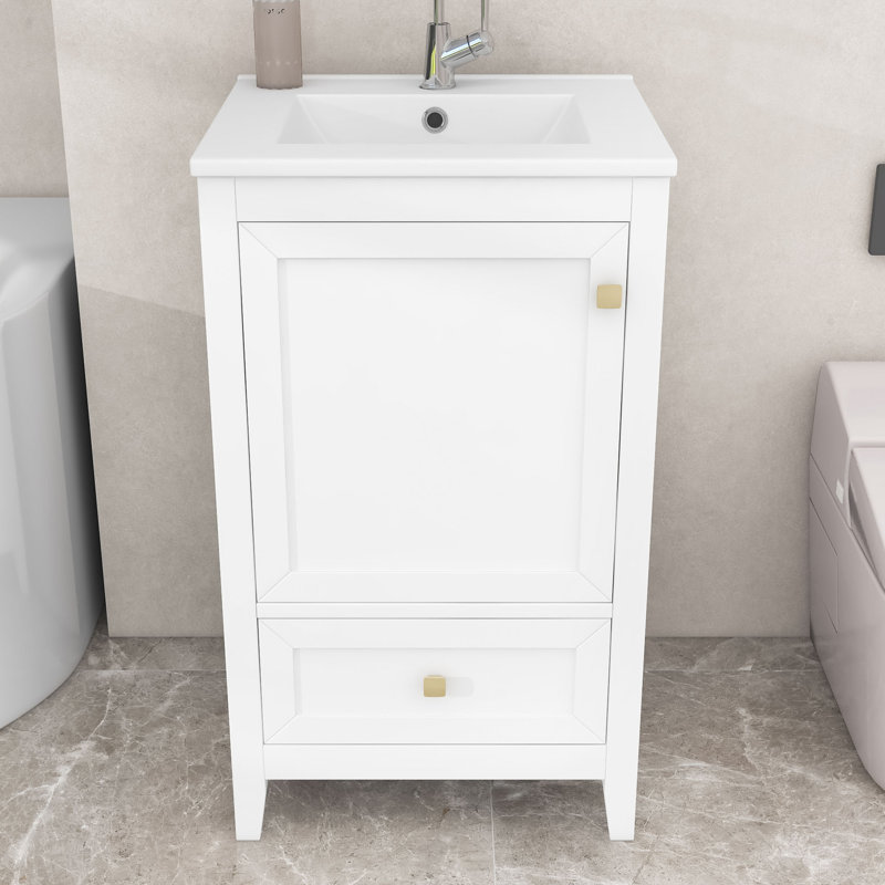 Meuble-lavabo simple autoportant moderne avec lavabo en céramique, tiroir et support de rangement, Blanc