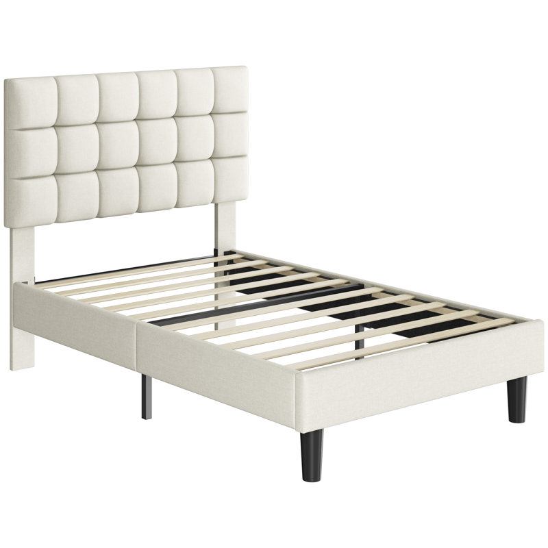 Size Modern Upholstered Bed Frame with Adjustable Square Tufted Headboard, Single (3'), Linen Fabric/Beige