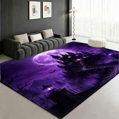 Tapis Spooky Halloween Castle, motif de chauve-souris pleine lune, tapis antidérapant de style rétro de style gothique, décoration intérieure pour salon, chambre à coucher, entrée, cuisine, balcon, appartement