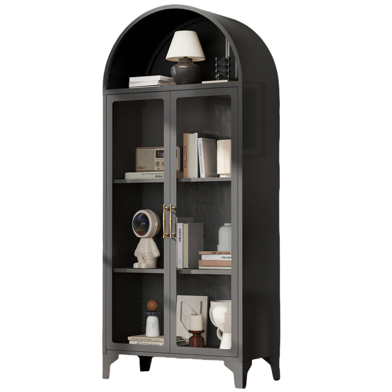 Vitrine de rangement arquée en métal 73,6 "avec tablettes réglables et portes en verre, Noir