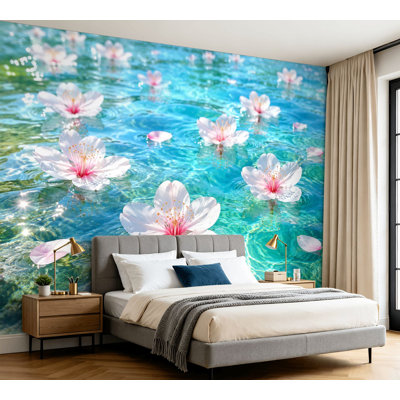 Papier peint adhésif auto-adhésif flottant cerisier blanc flottant fleurs de cristal turquoise transparent eau de contact amovible pour chambre à coucher H 100 po x l 144 po
