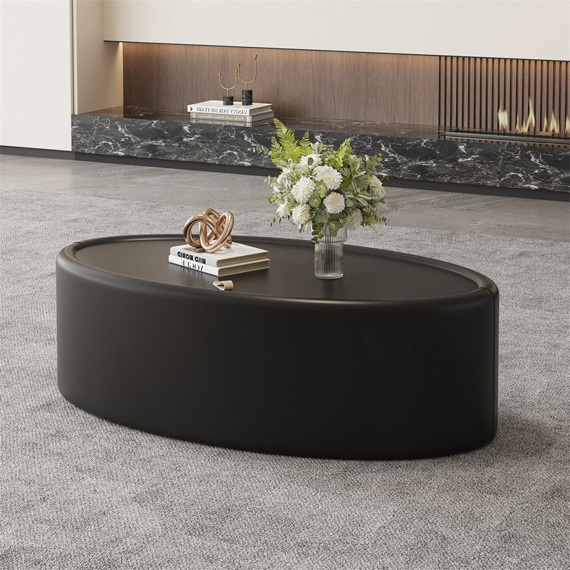 Table basse ovale avec rangement 33,46 po - Plateau en verre trempé certifié 3C et revêtement en similicuir, Black