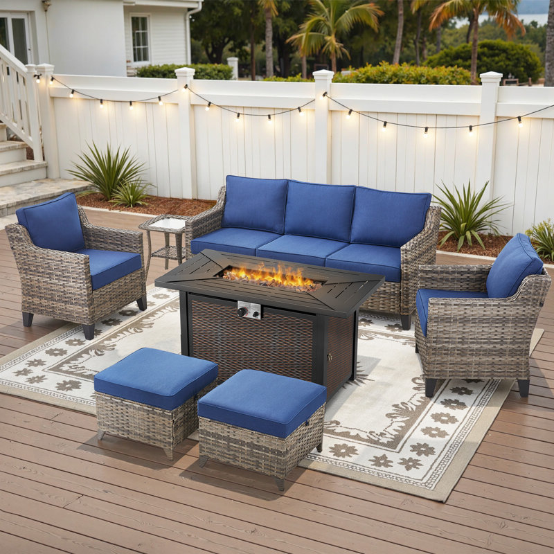 7 - Person Outdoor Wicker Patio Conversation Furniture Sofa Set With Fire Pit Table, Blue