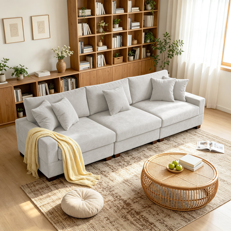 3 - Piece Upholstered Offwhite Chenille Modular Sectional Sofa with Armrests & Throw Pillows, Off White