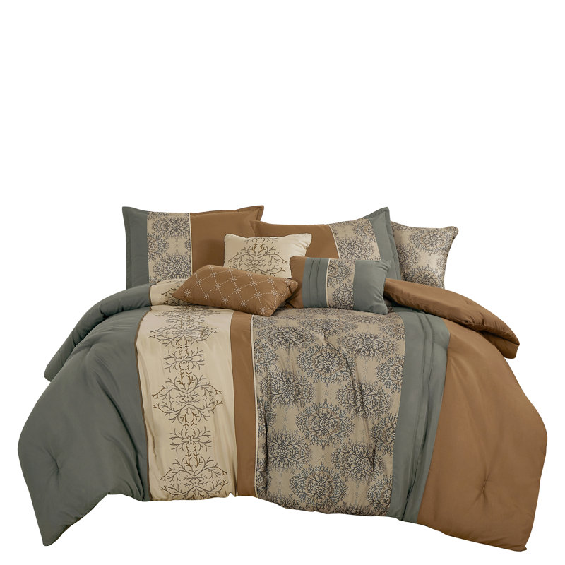 Ensemble d'édredon 7 pièces Apria Luxury, Édredon grand + 6 pièces supplémentaires, Formes géométriques brunes / grises
