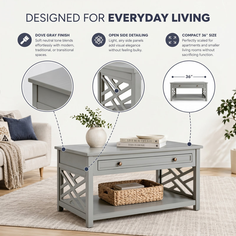 Coventry 36” Coffee Table with Drawer & Shelf, Gray