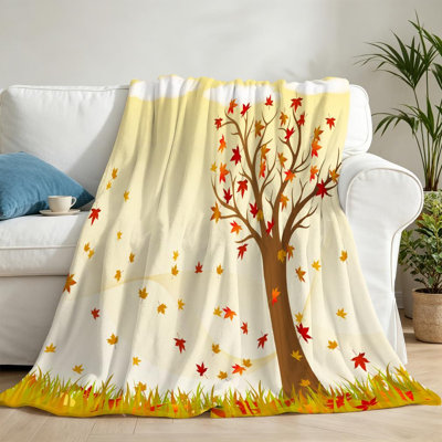 Jeté en molleton jaune flanelle ultra doux jaune, paysage d'automne avec imprimé recto