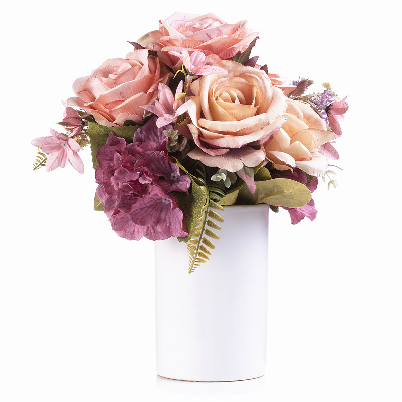 Agencement de roses et d’hortensias à motif floral en vase, Rose/mauve