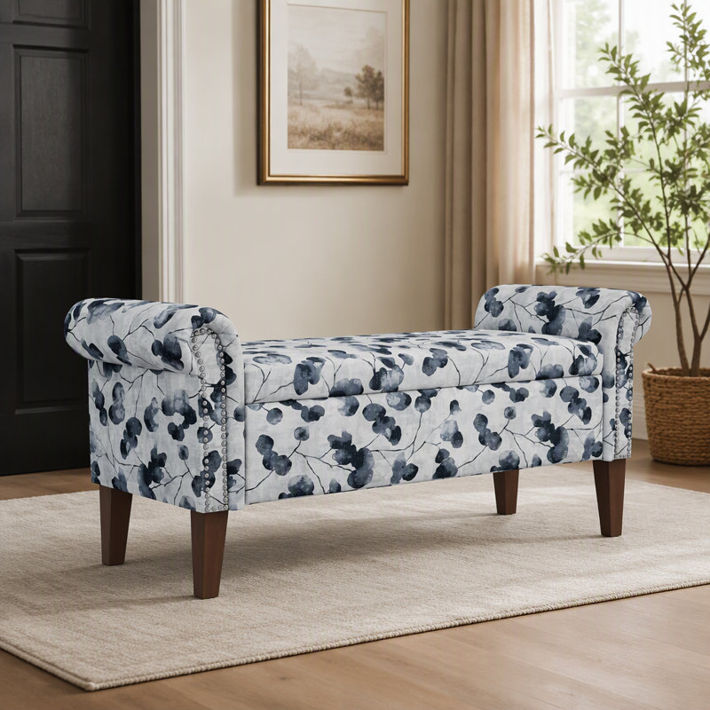 Banc avec rangement à accoudoirs roulés Traditional et garniture cloutée étain, Multi / Floral
