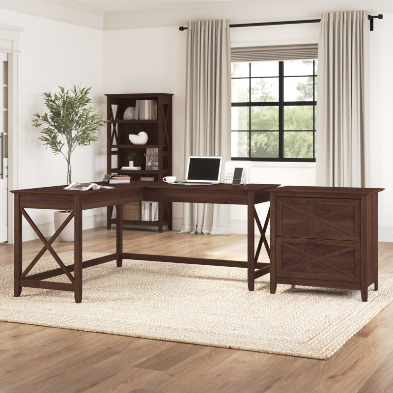 Ozro L-Shaped Executive Desk with 2-Drawer File Cabinet , Bing Cherry